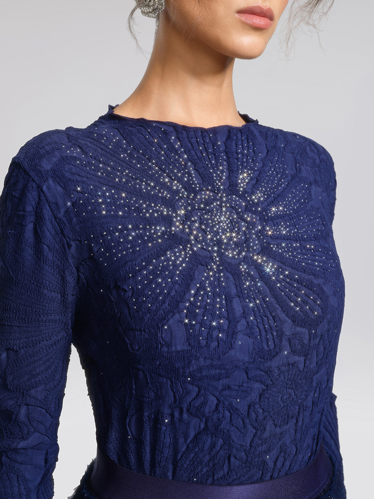 Pleated Floral Embossed Rhinestone Blouse