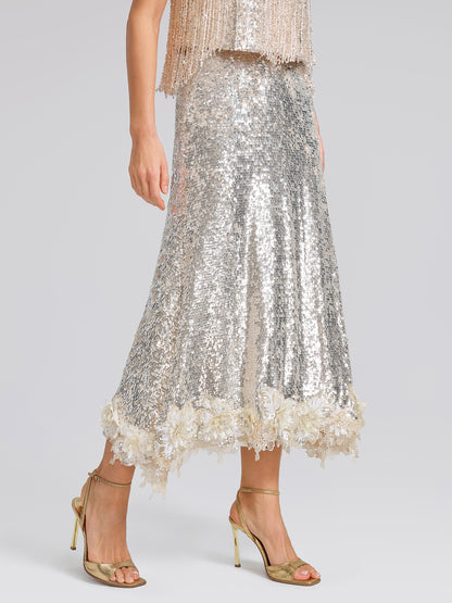 Sequin Mermaid Lace Trim Elastic-Waist Skirt