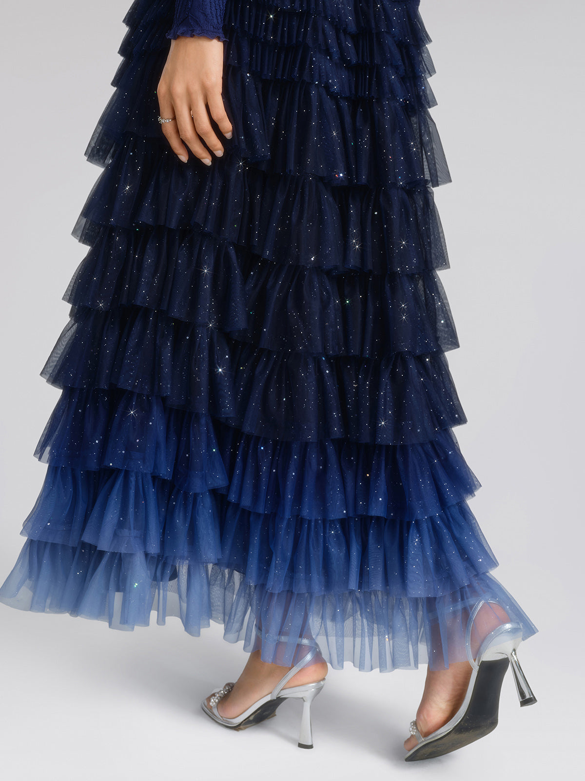 Sequin Mesh Pleated Gradient Skirt