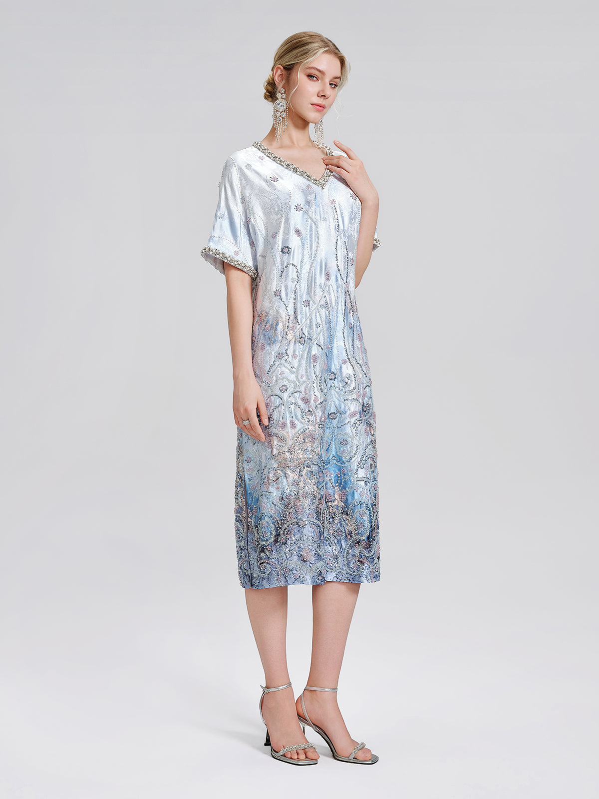 Satin Gradient Print Rhinestone Straight Dress