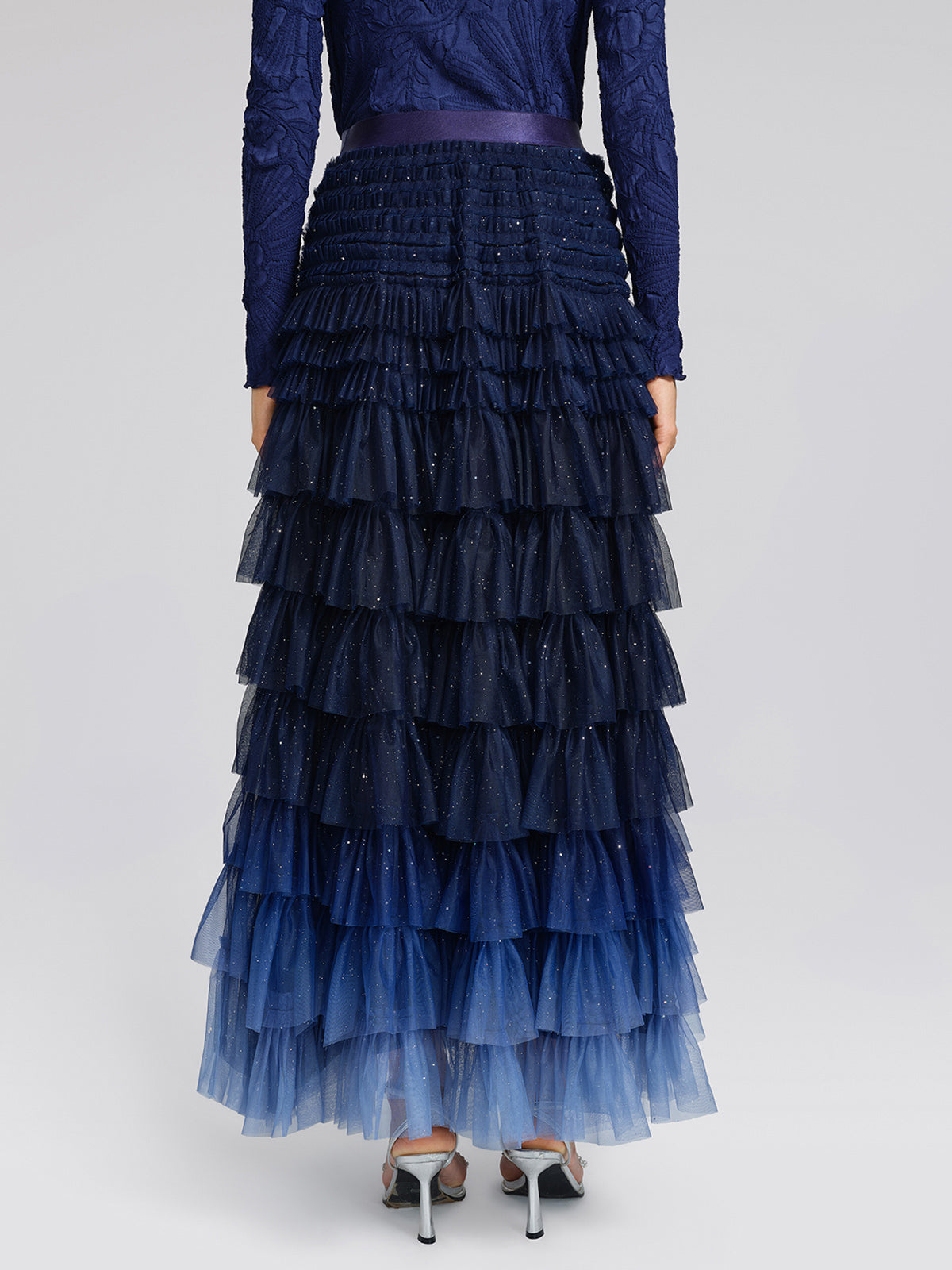 Sequin Mesh Pleated Gradient Skirt