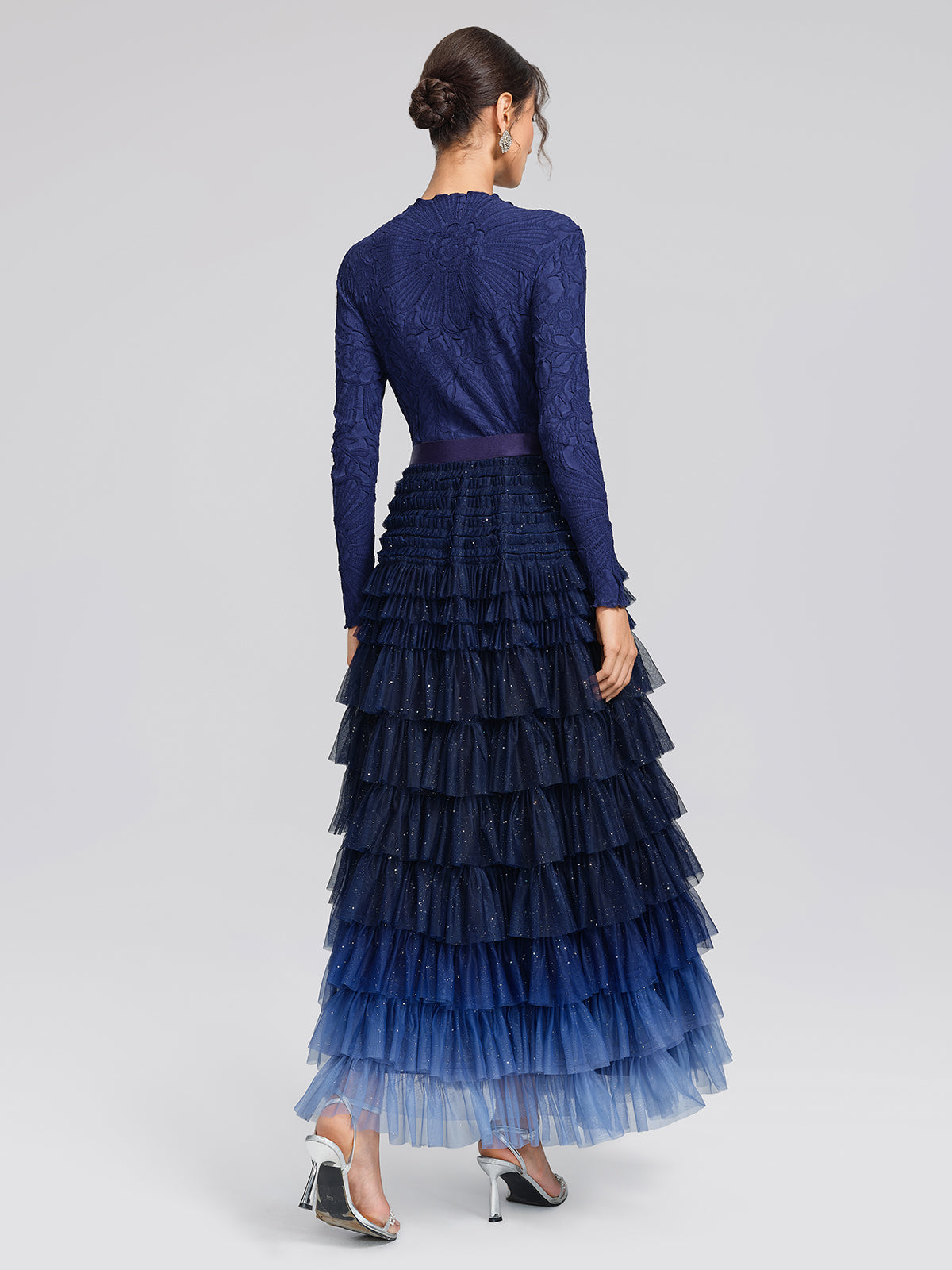 Pleated Floral Embossed Rhinestone Blouse