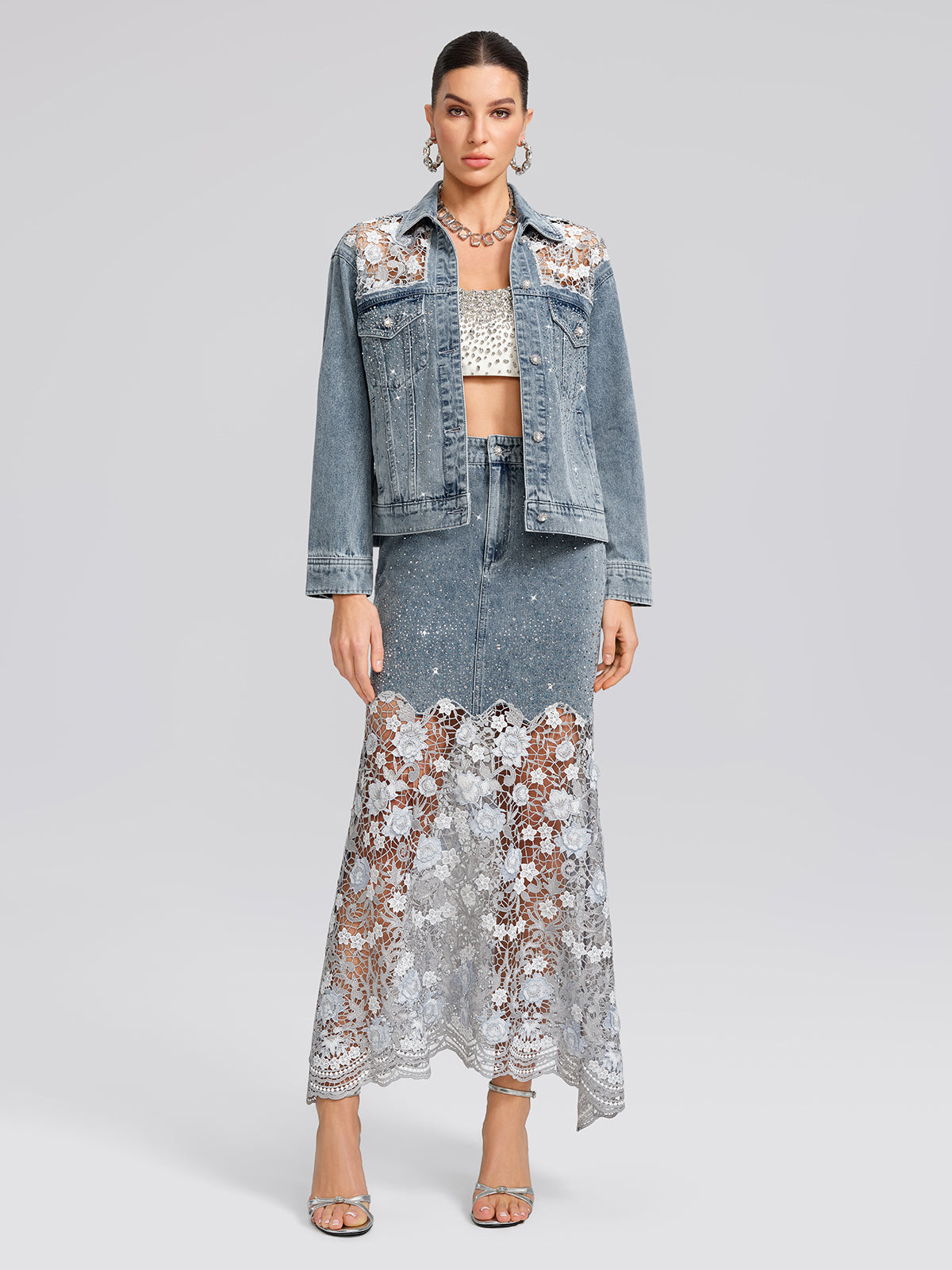 Rhinestone Lace-Panel Denim Skirt