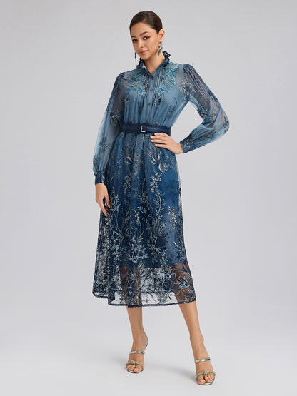 Vine Silver-Thread Embroidered Beaded Lace Dress (Belt Included)