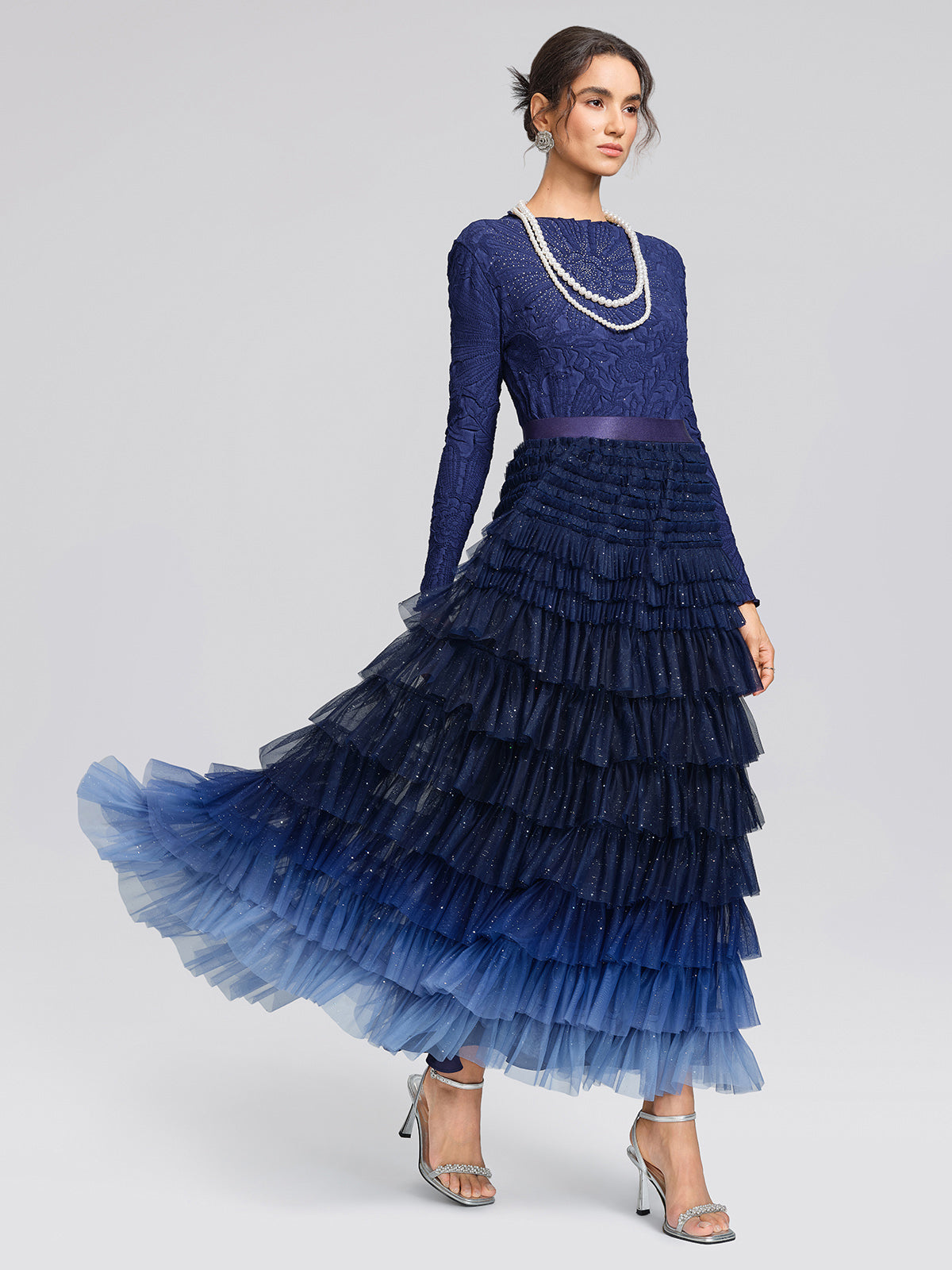 Pleated Floral Embossed Rhinestone Blouse