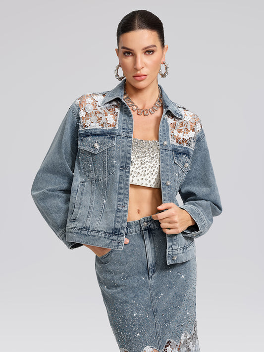 Rhinestone Lace-Panel Denim Jacket