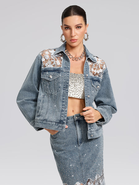 Women's Rhinestone Lace-Panel Denim Jacket – RICHRADIQS