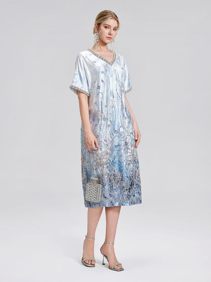 Satin Gradient Print Rhinestone Straight Dress