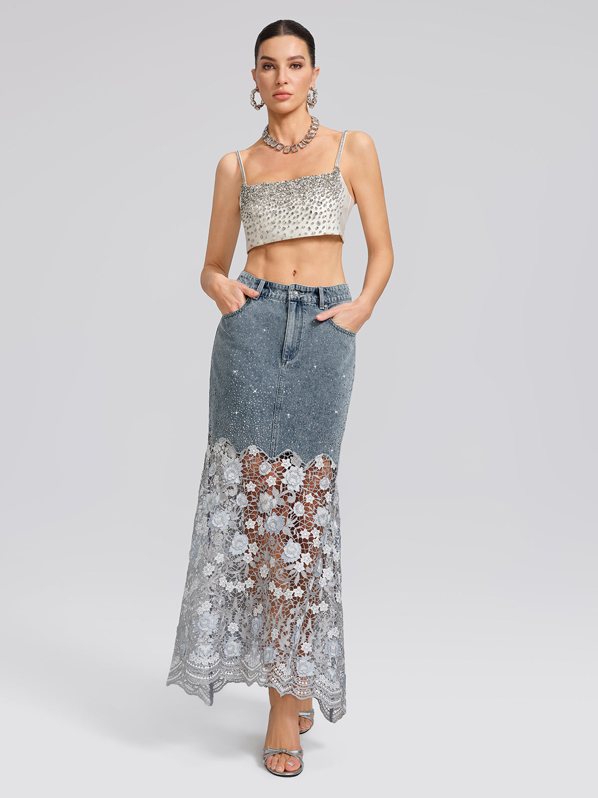 Rhinestone Lace-Panel Denim Skirt