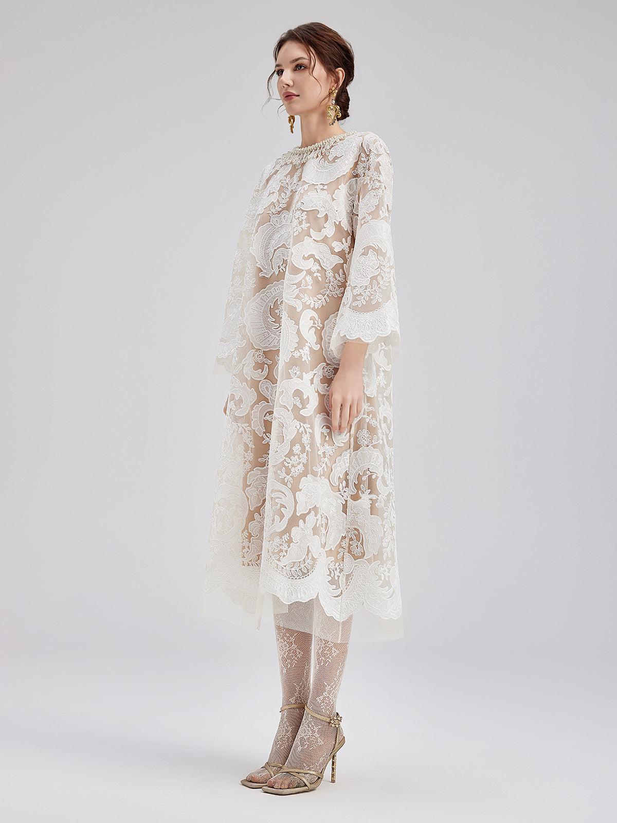 Custom Embroidered Lace Beaded Dress, Creamy-white / L
