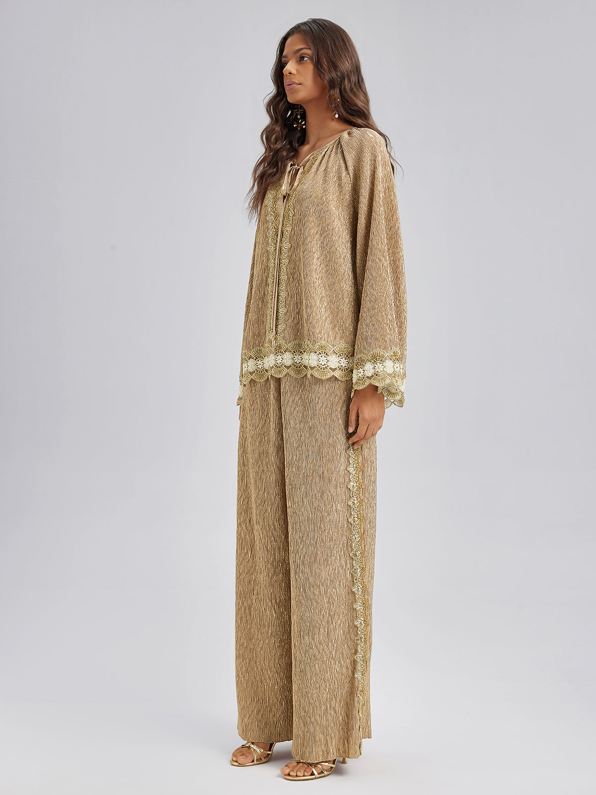 Gold Metallic Pleated Beaded Set