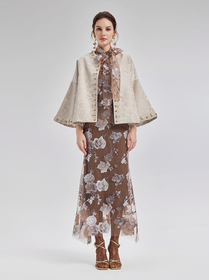 Jacquard Satin Beaded Bell Sleeve Coat