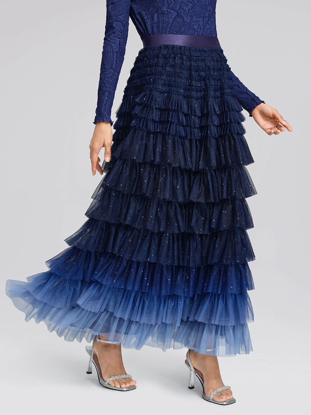 Sequin Mesh Pleated Gradient Skirt