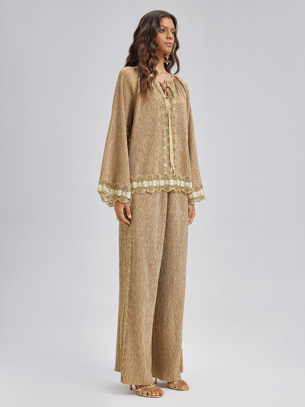 Gold Metallic Pleated Beaded Set