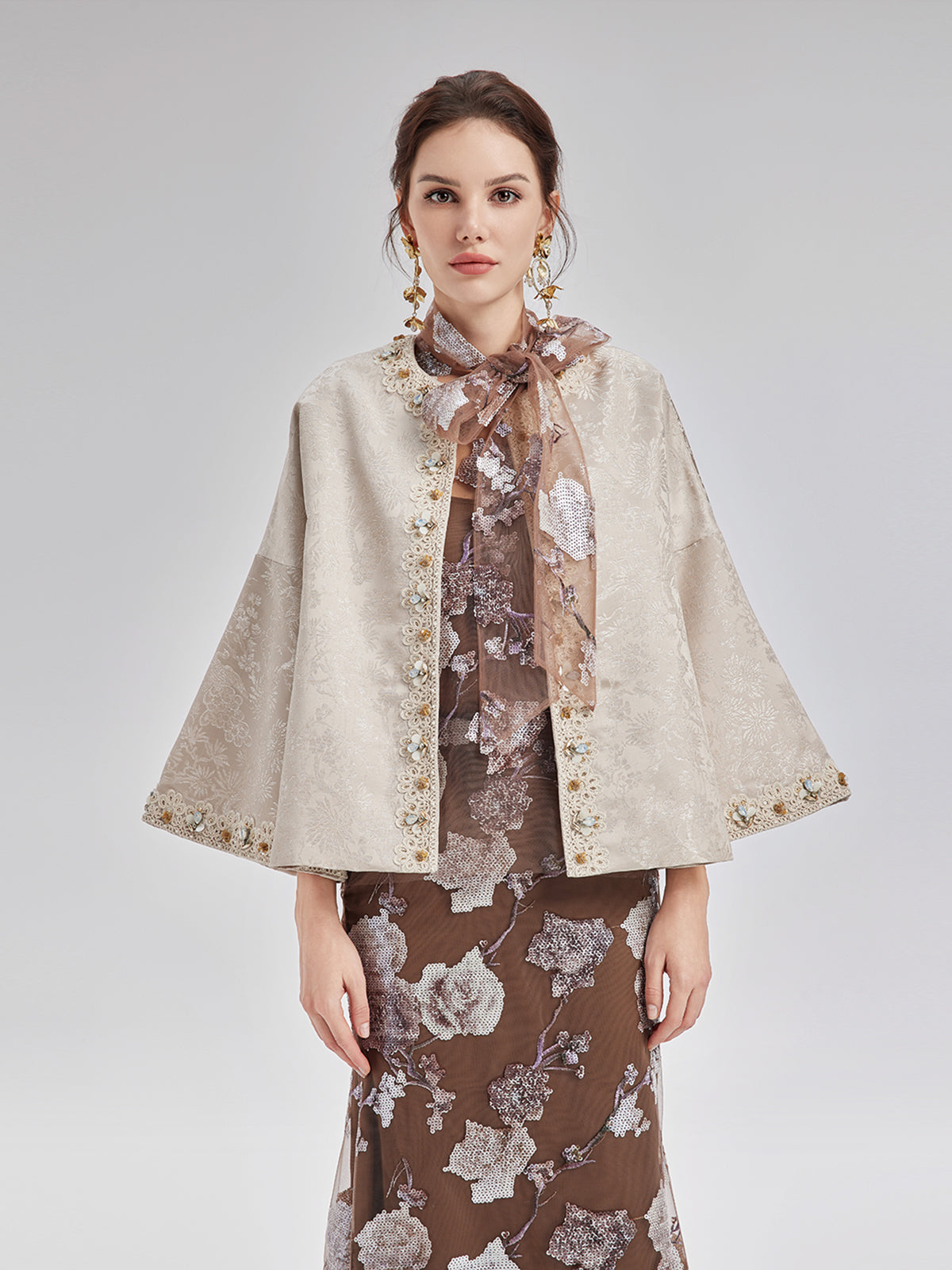 Jacquard Satin Beaded Bell Sleeve Coat