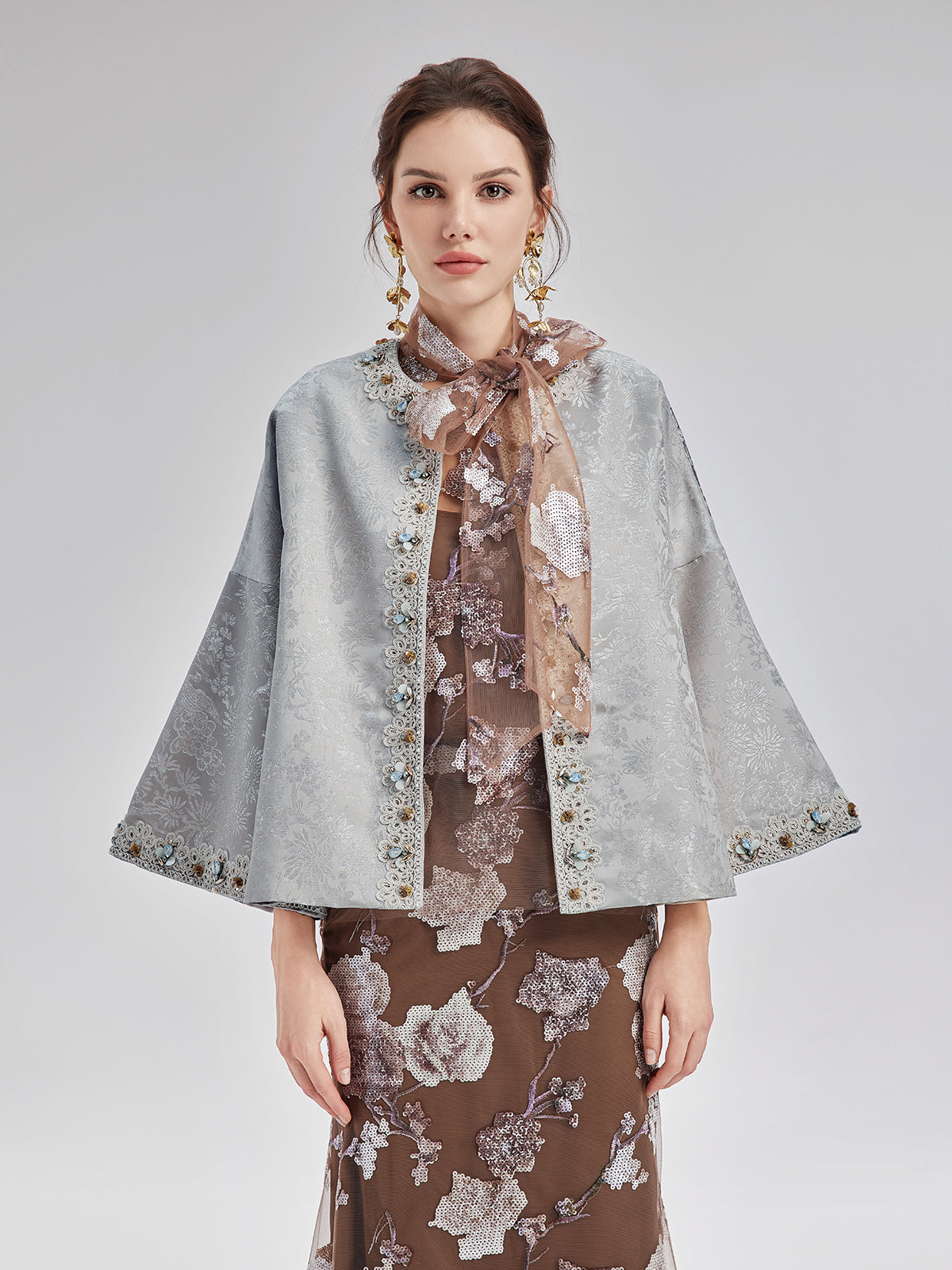 Jacquard Satin Beaded Bell Sleeve Coat