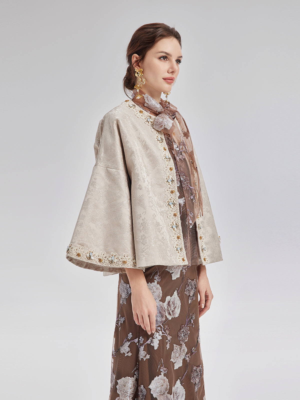 Jacquard Satin Beaded Bell Sleeve Coat