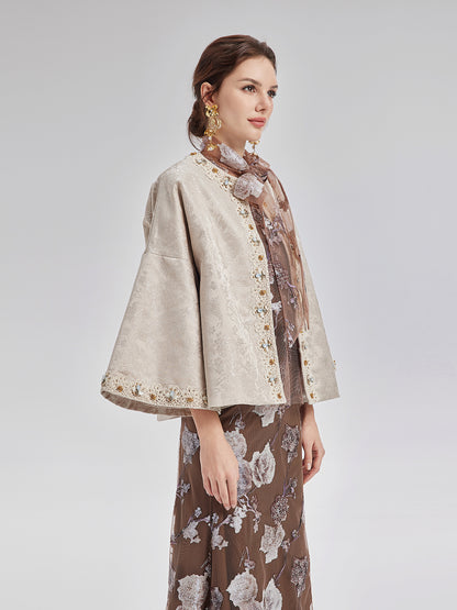 Jacquard Satin Beaded Bell Sleeve Coat