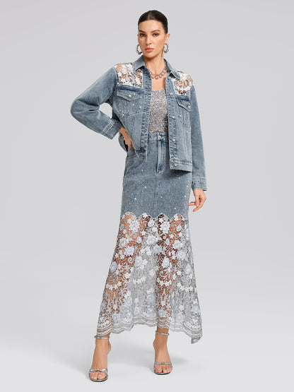Rhinestone Lace-Panel Denim Skirt