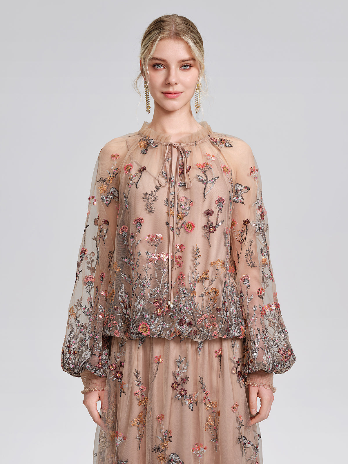Mesh Embroidered Ruffle Tie-Neck Blouse