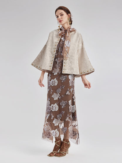 Jacquard Satin Beaded Bell Sleeve Coat