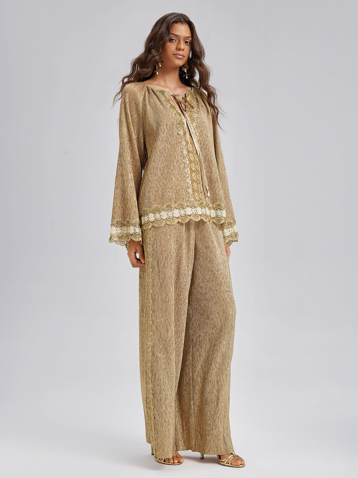 Gold Metallic Pleated Beaded Set