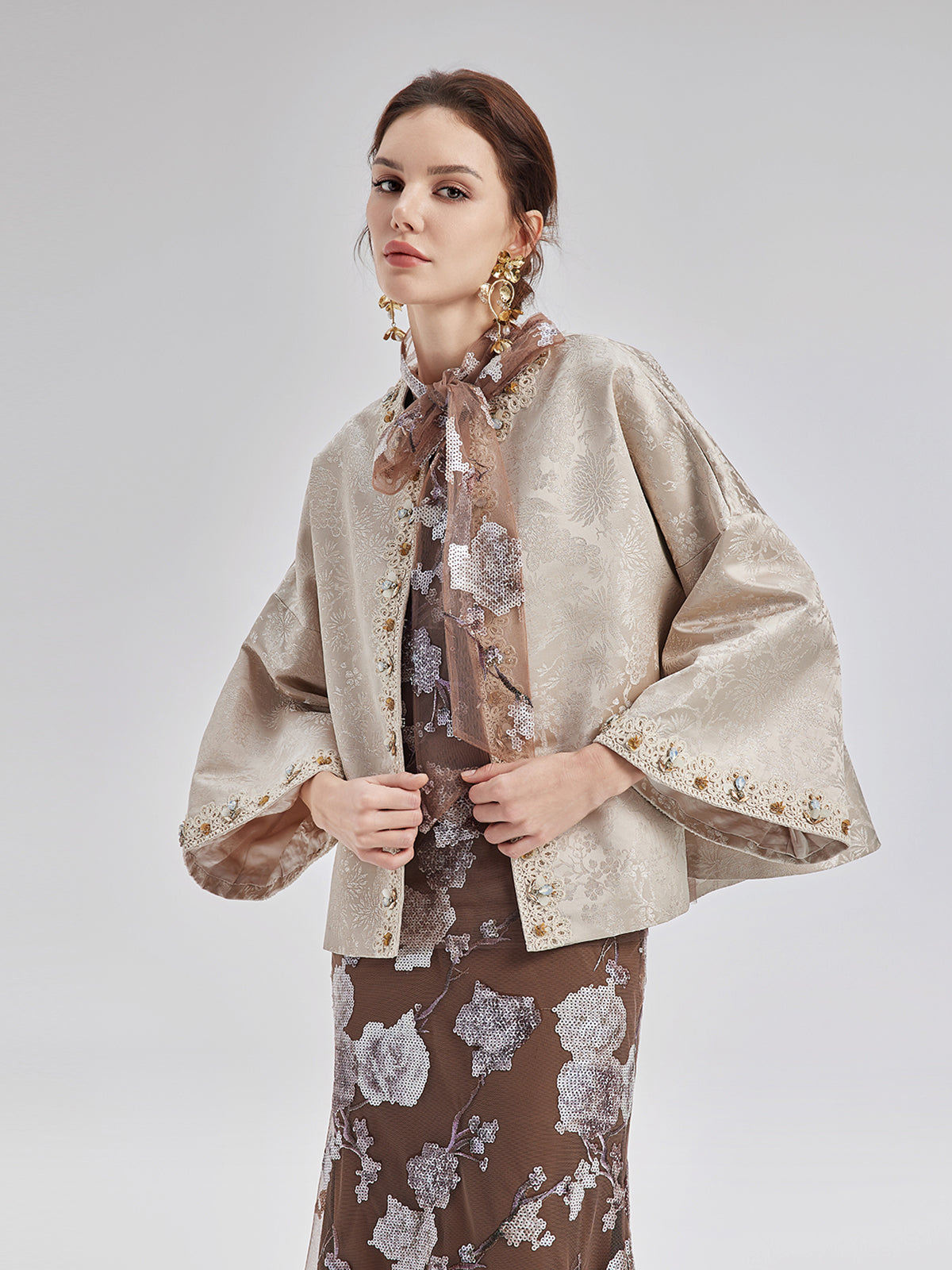 Jacquard Satin Beaded Bell Sleeve Coat