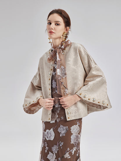 Jacquard Satin Beaded Bell Sleeve Coat