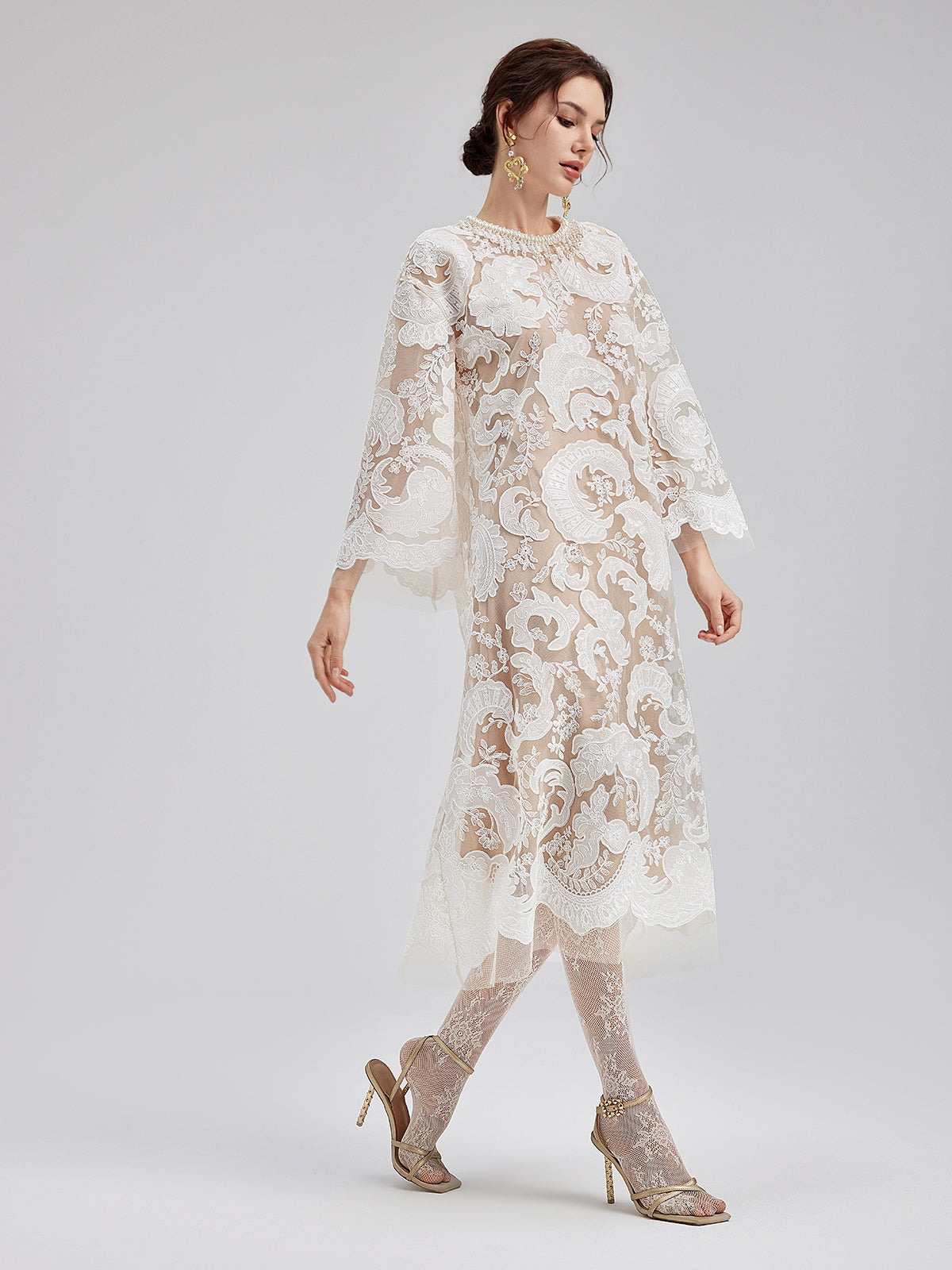Custom Embroidered Lace Beaded Dress, Creamy-white / L