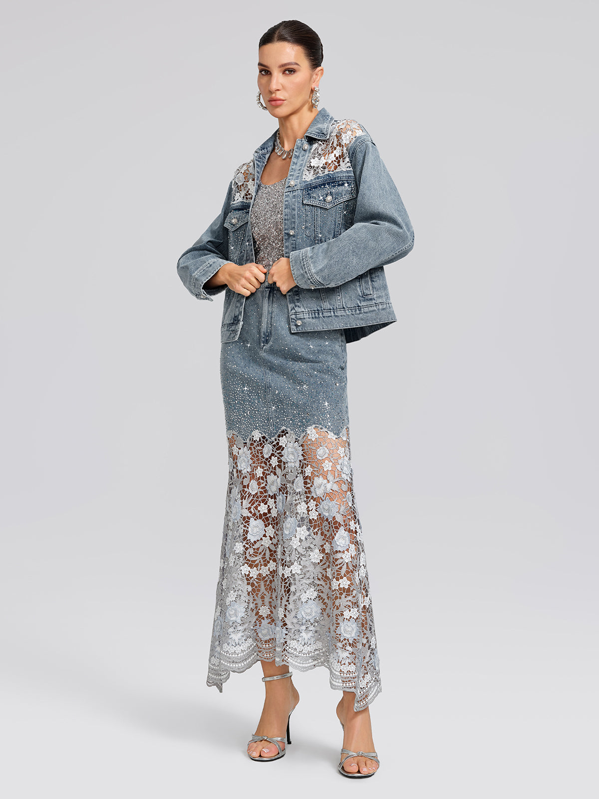 Rhinestone Lace-Panel Denim Skirt