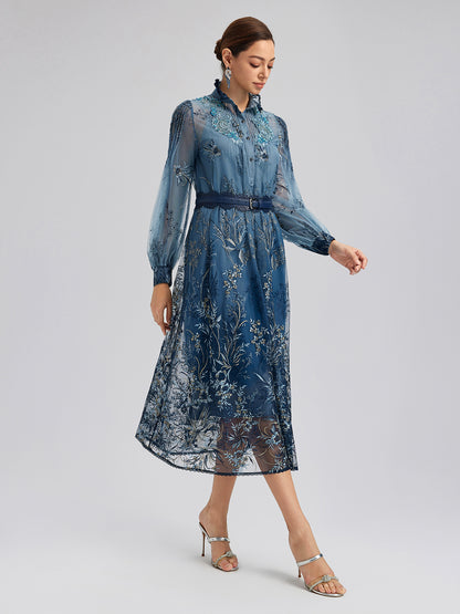 Vine Silver-Thread Embroidered Beaded Lace Dress (Belt Included)