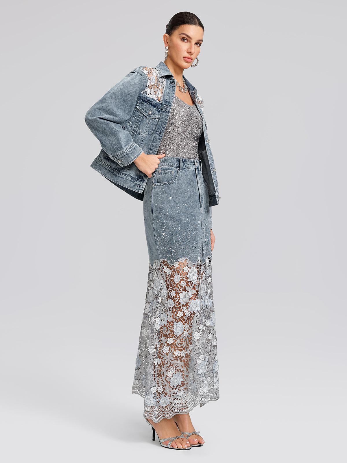 Rhinestone Lace-Panel Denim Skirt