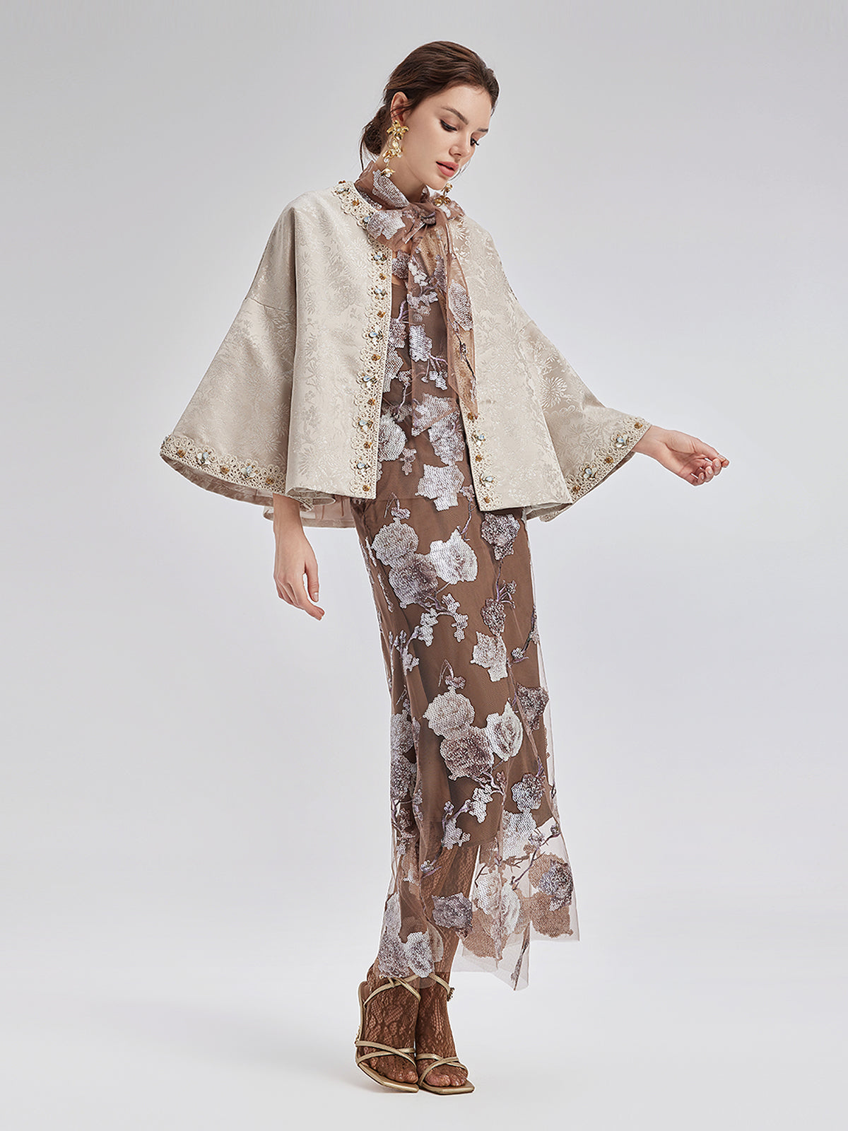 Jacquard Satin Beaded Bell Sleeve Coat