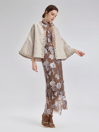 Jacquard Satin Beaded Bell Sleeve Coat