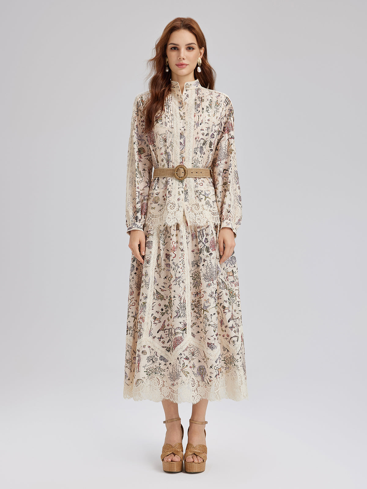 Silk-Linen Botanical Print Lace Skirt