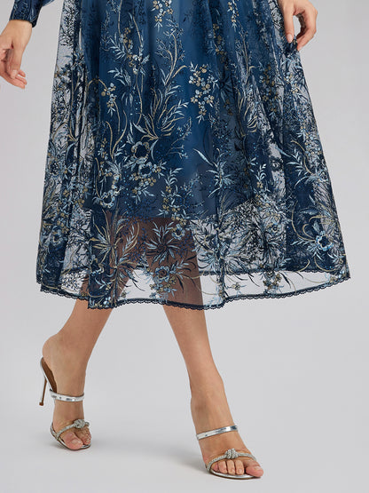 Vine Silver-Thread Embroidered Beaded Lace Dress (Belt Included)