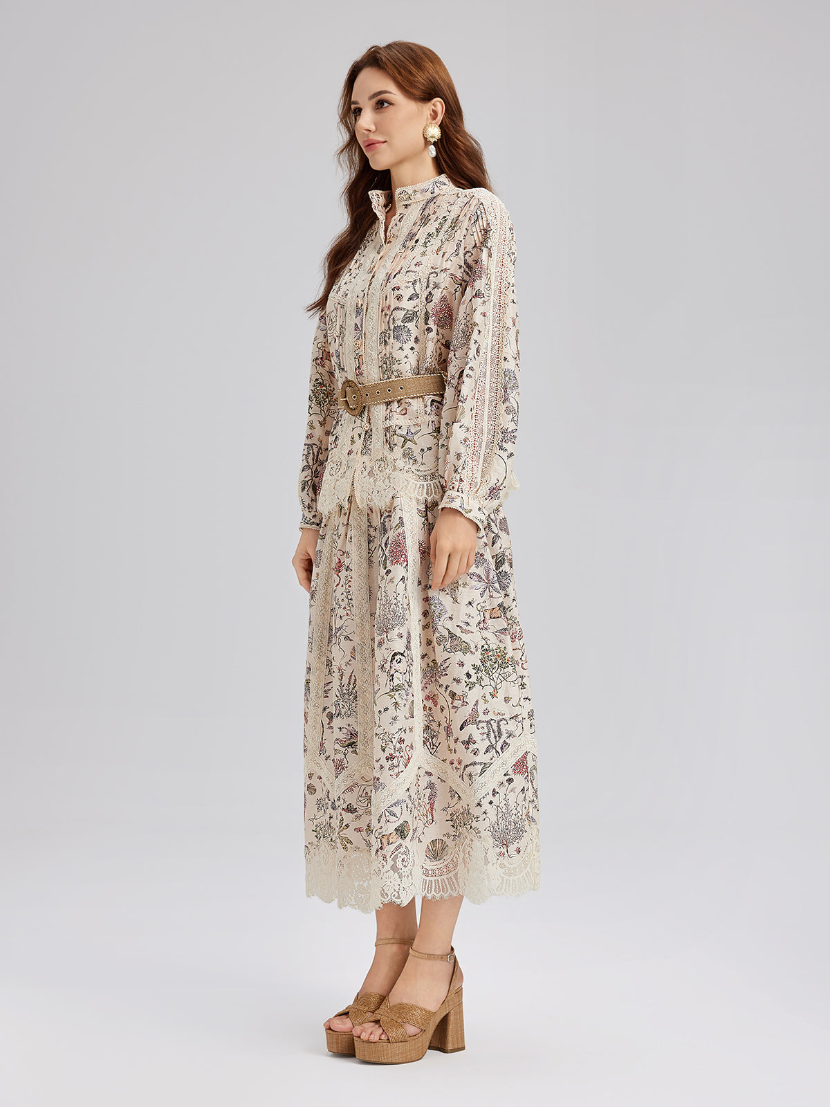 Silk-Linen Botanical Print Lace Skirt