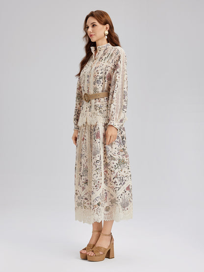 Silk-Linen Botanical Print Lace Skirt