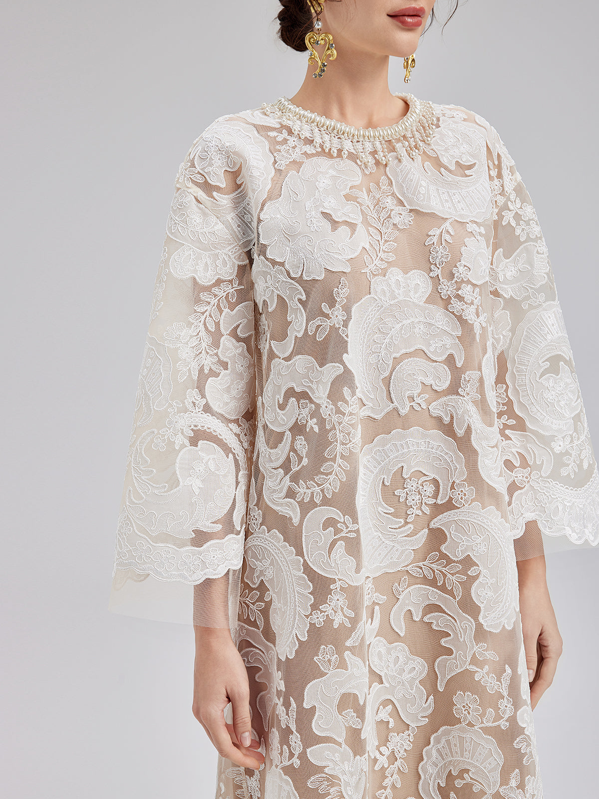 Custom Embroidered Lace Beaded Dress, Creamy-white / L