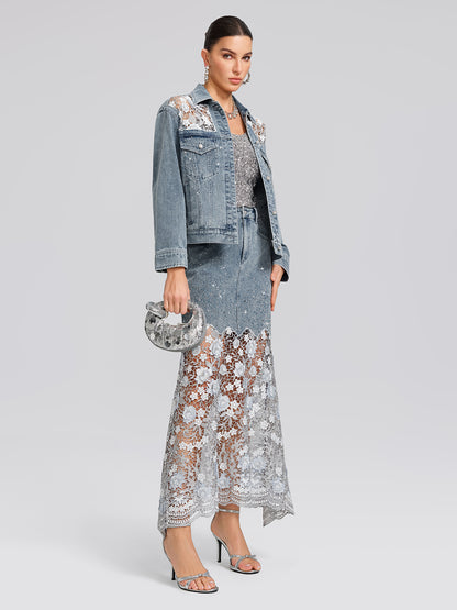 Rhinestone Lace-Panel Denim Skirt