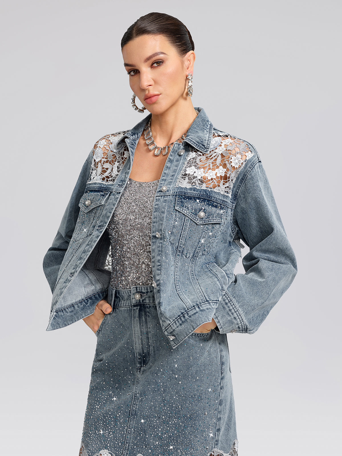 Women's Rhinestone Lace-Panel Denim Jacket – RICHRADIQS