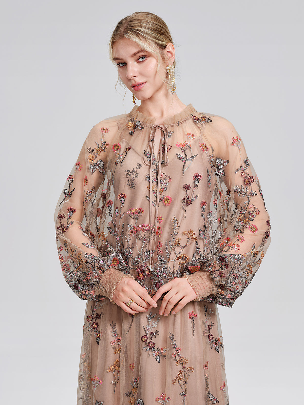 Mesh Embroidered Ruffle Tie-Neck Blouse