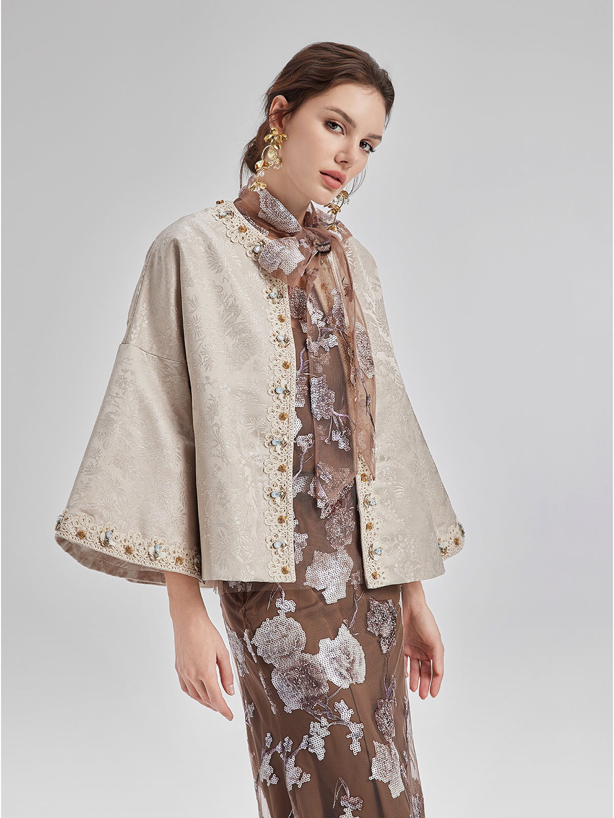 Jacquard Satin Beaded Bell Sleeve Coat