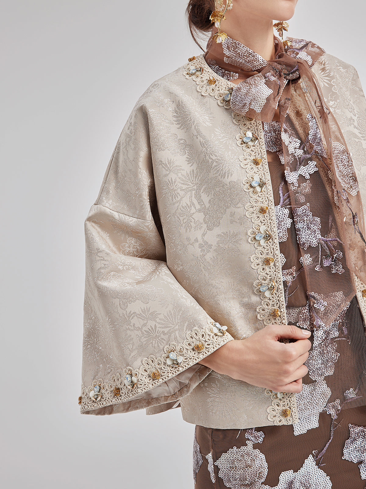 Jacquard Satin Beaded Bell Sleeve Coat