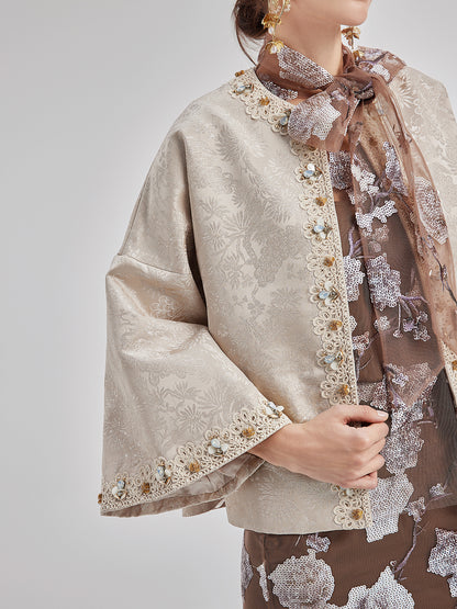 Jacquard Satin Beaded Bell Sleeve Coat