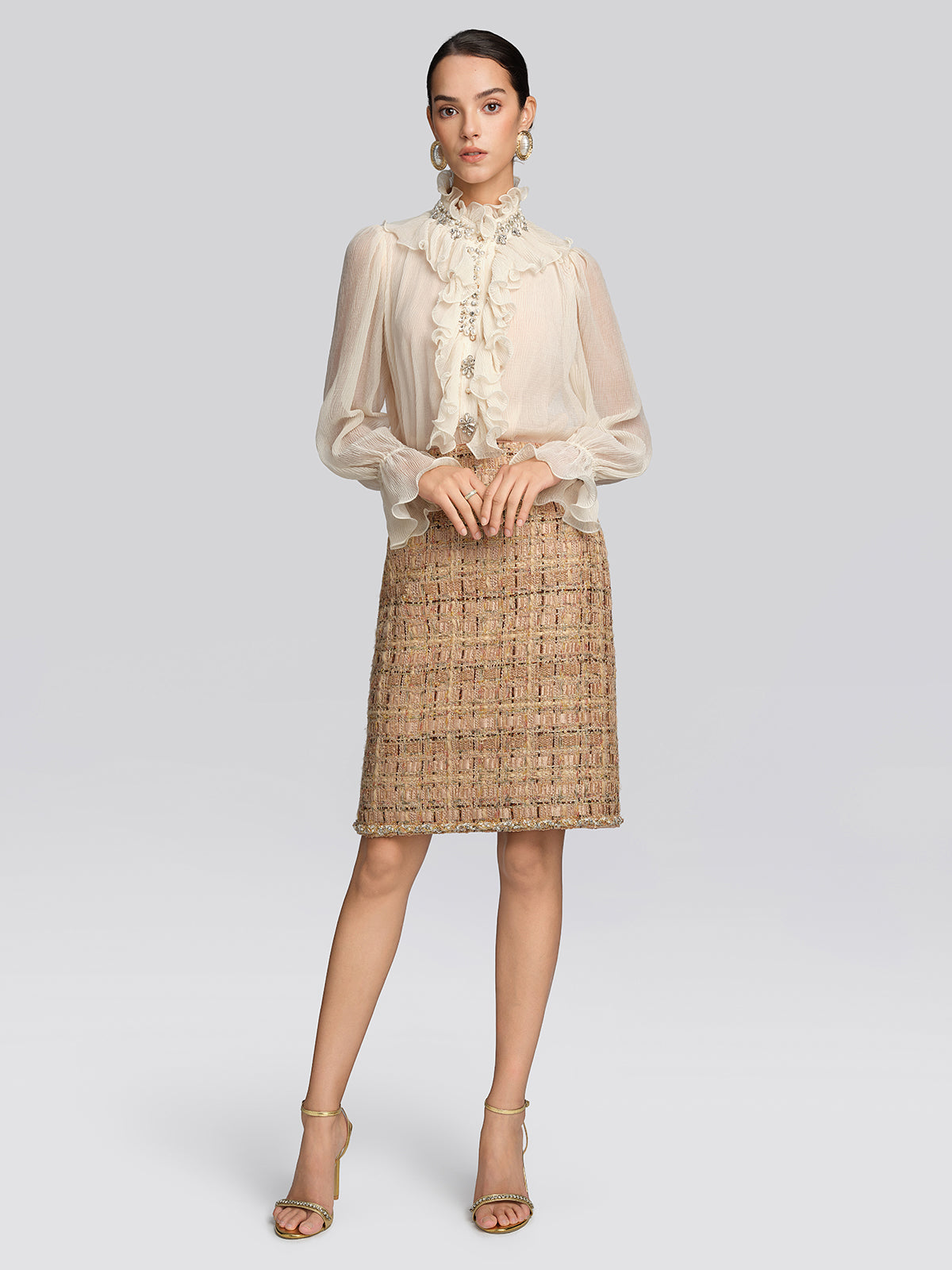 Ruffled Stand Collar Beaded Shirt