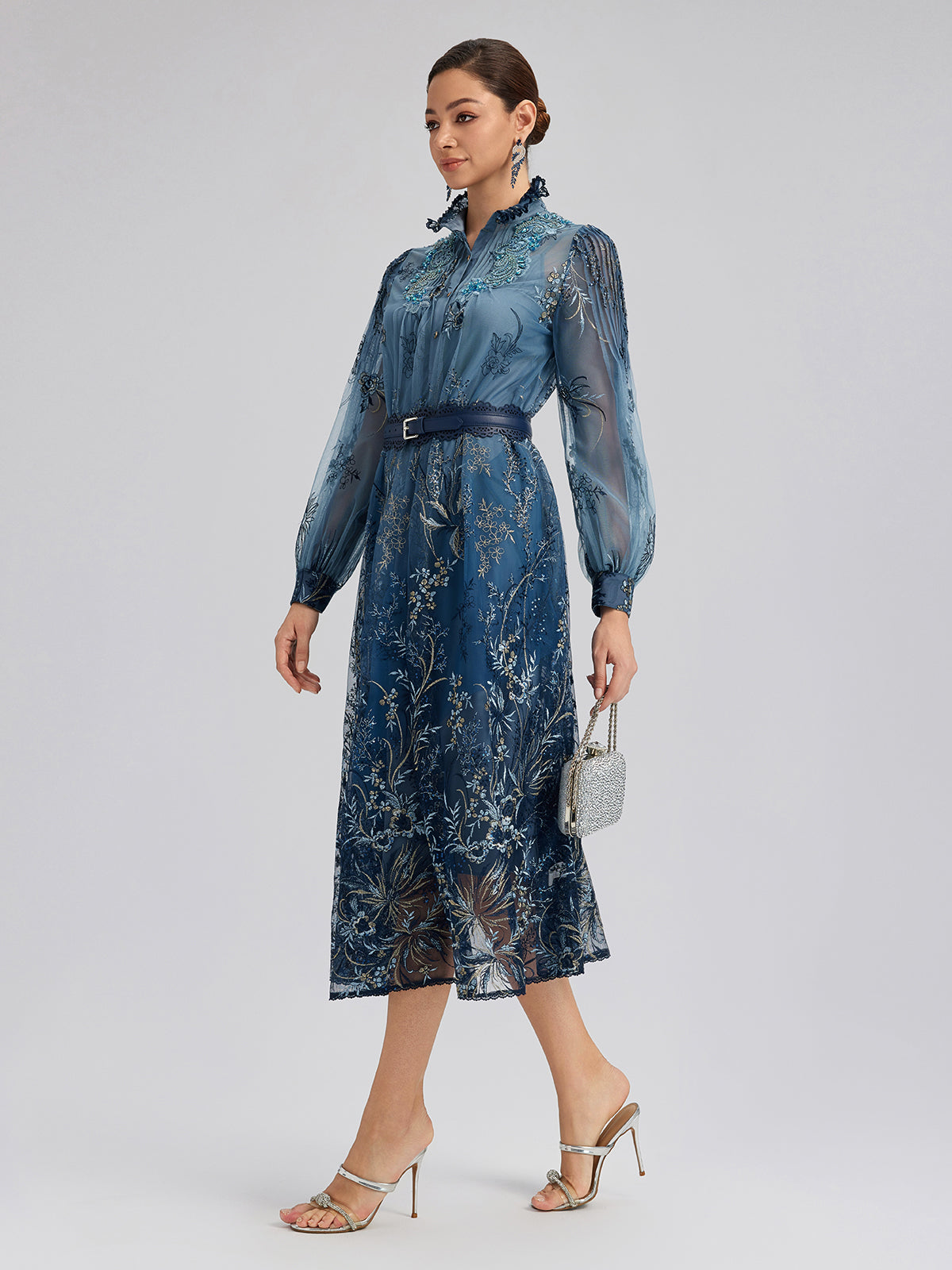 Vine Silver-Thread Embroidered Beaded Lace Dress (Belt Included)