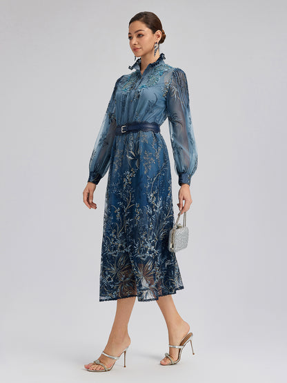 Vine Silver-Thread Embroidered Beaded Lace Dress (Belt Included)