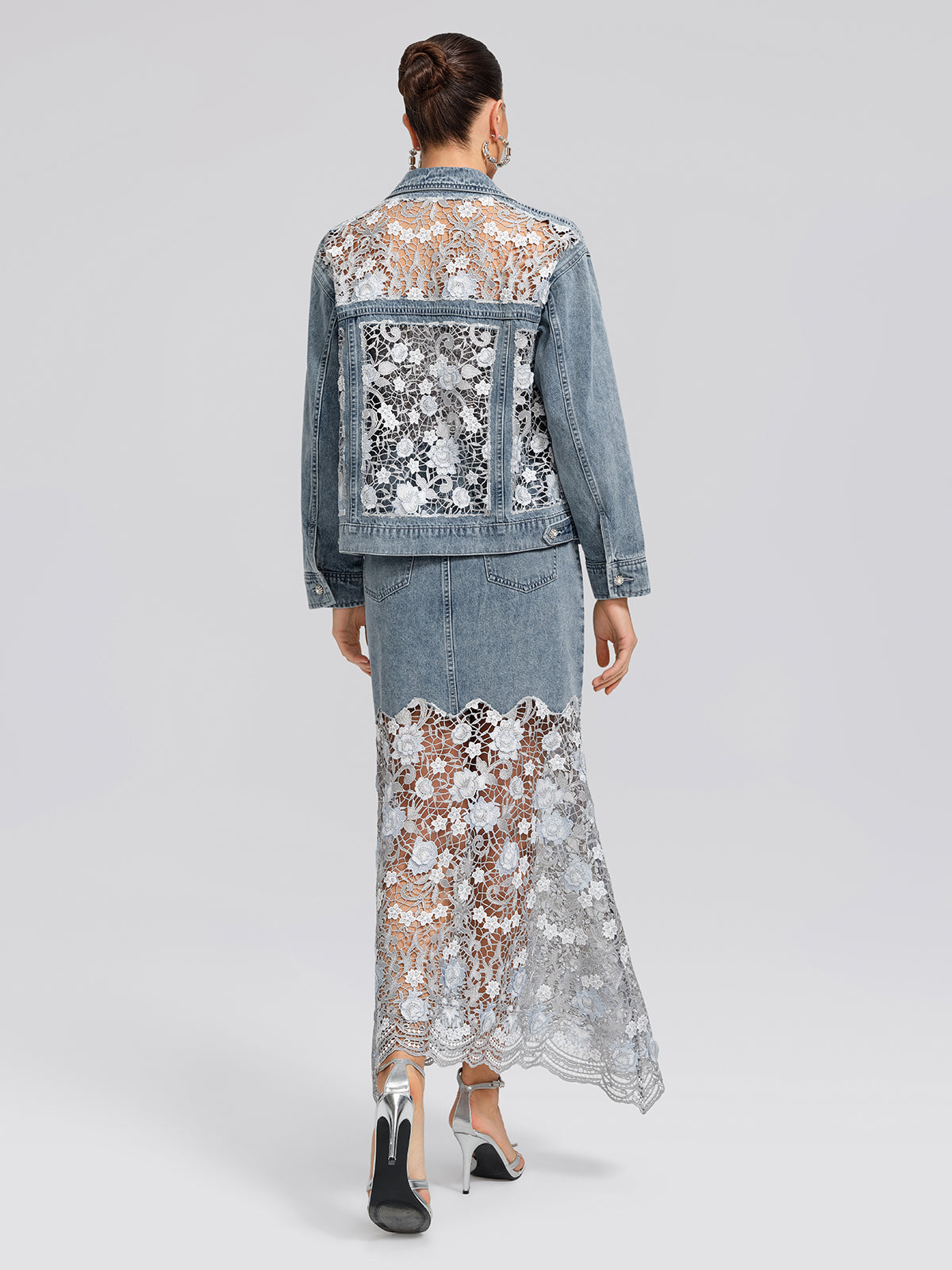 Rhinestone Lace-Panel Denim Skirt