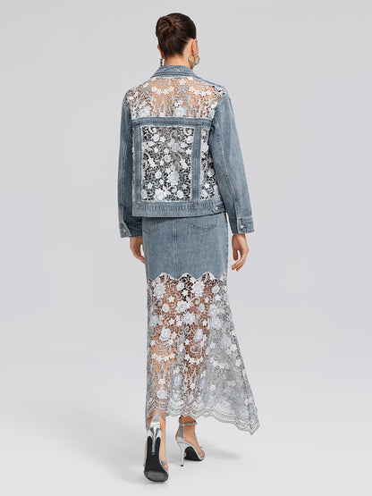 Rhinestone Lace-Panel Denim Skirt